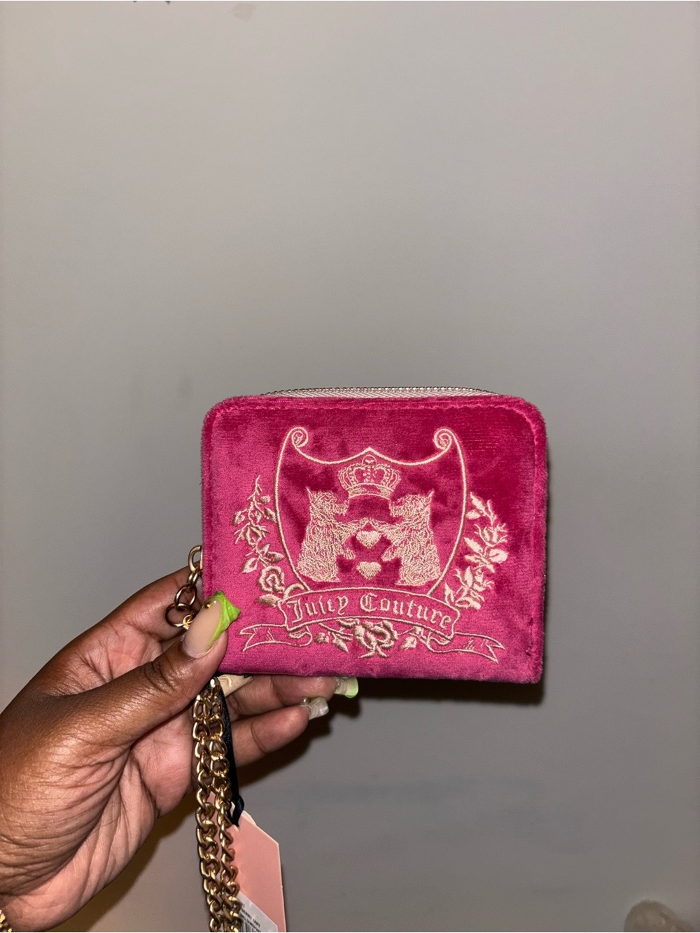 Juicy Couture Hot Pink Velvet Zip-Around Wallet with Gold Chain